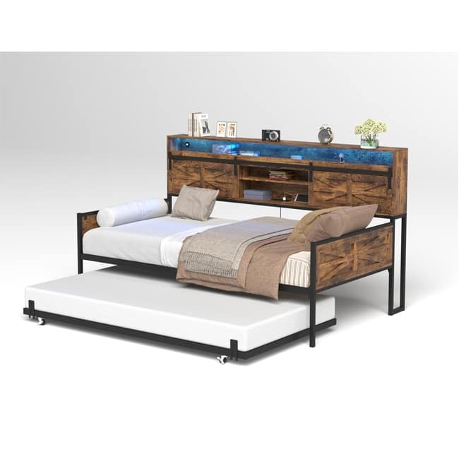 Rustic Brown Farmhouse Twin Daybed With Trundle - Sliding Barn Door Headboard, Built-In Charging Station & LED Lighting -  Black+Brown - Twin
