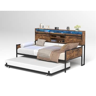 Rustic Brown Farmhouse Twin Daybed With Trundle - Sliding Barn Door Headboard, Built-In Charging Station & LED Lighting