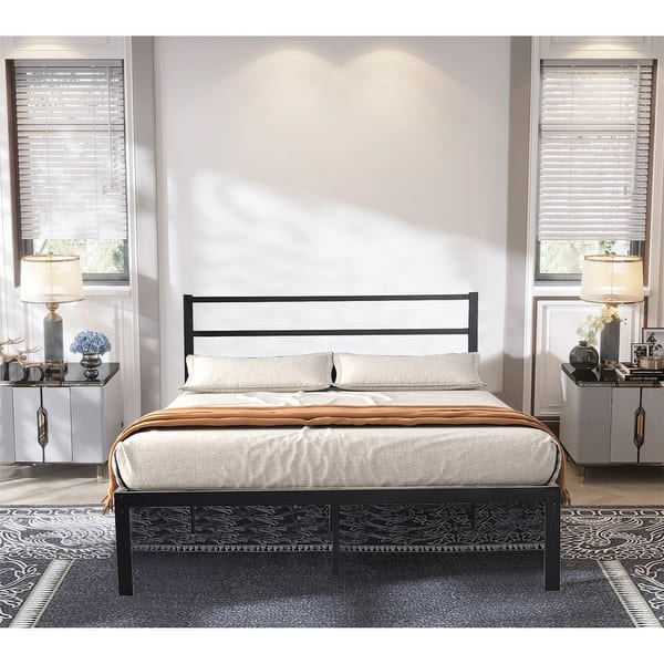 Queen-Size Black Vintage Platform Iron Bed Frame with Heavy Duty Steel ...