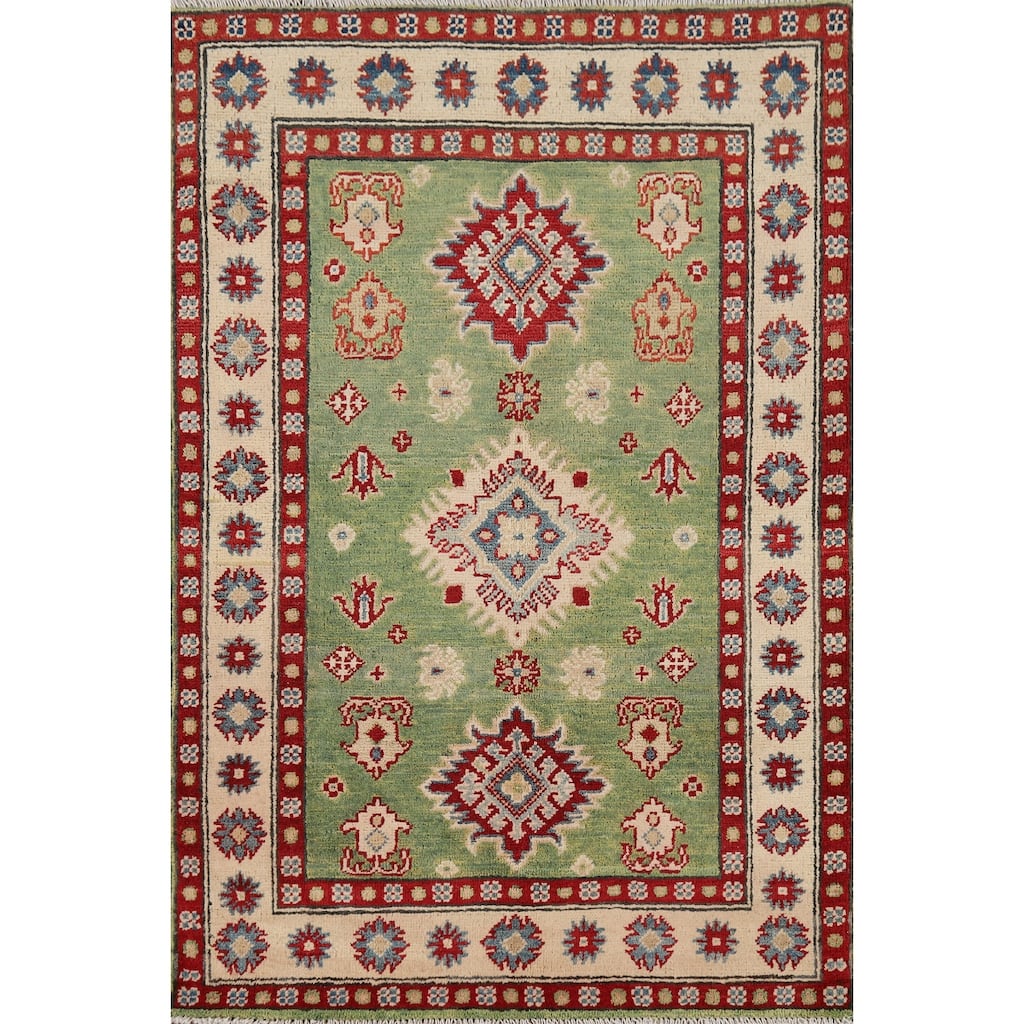 Light Green Geometric Kazak Foyer Rug Hand-Knotted Wool Carpet - 2'10" x 4'2"