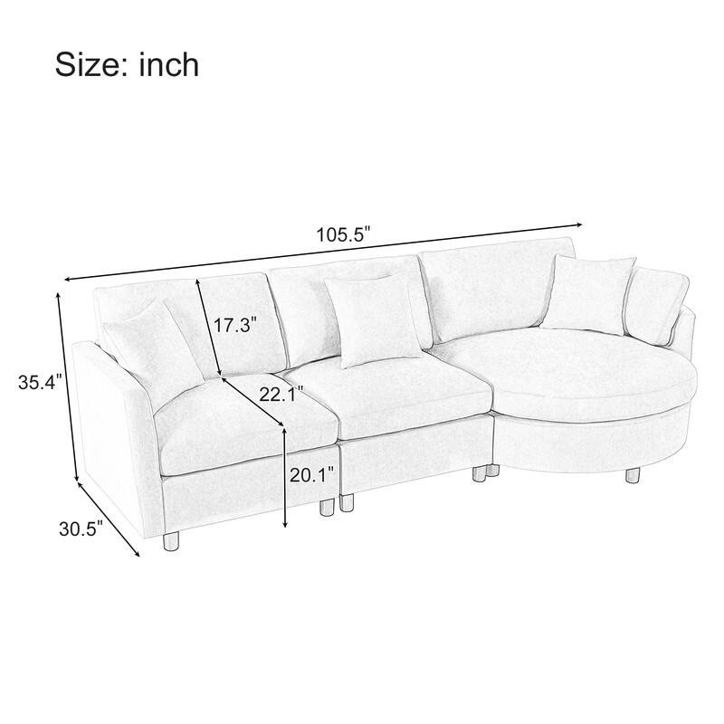 Modern 3-Piece Chenille Sectional Sofa with Curved Chaise and Comfortable Cushions for Living Rooms
