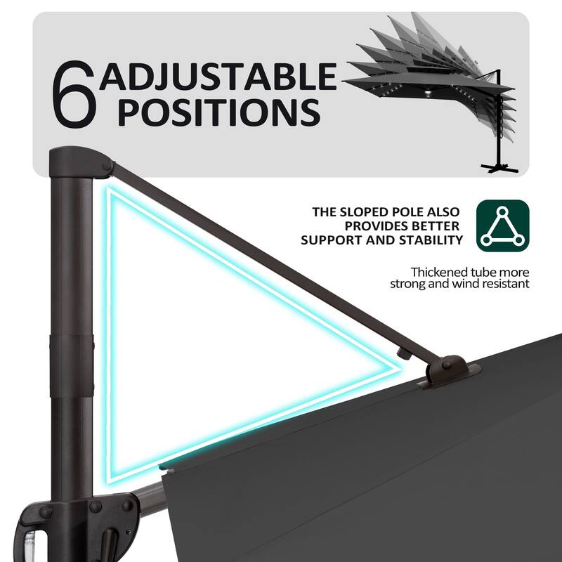 Pellebant 11 FT Square Outdoor Patio Double Top Cantilever Umbrella Solar LED Lighted with Rod Base