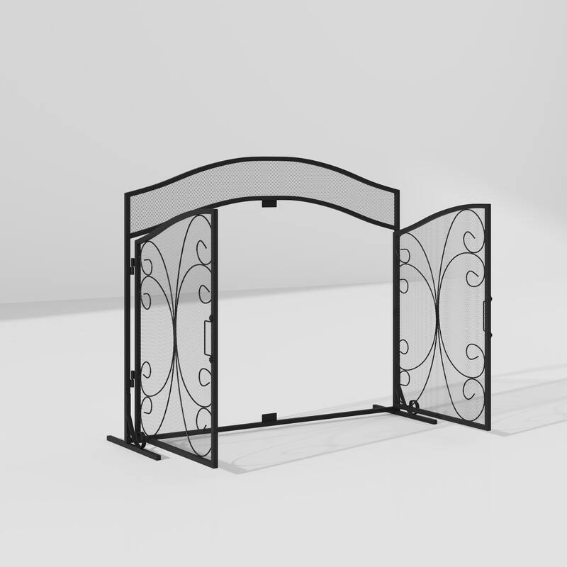 Classic Black Wrought Iron Fireplace Screen with Arched Double Doors, Decorative Mesh Fire Guard for Indoor Home Hearth Safety