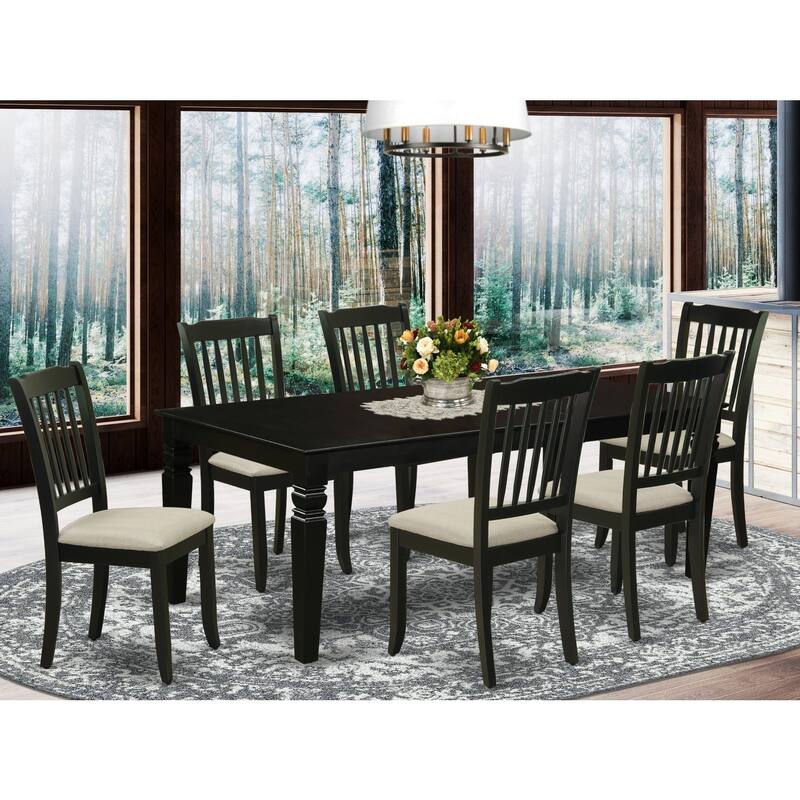 7Pc Dinette Set - Black Kitchen Table with Leaf & 6 Linen Chairs - 84