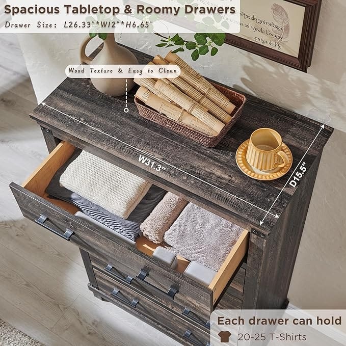 Farmhouse 5 Drawers Dresser, Wood Chest of Drawers, Closet Dresser