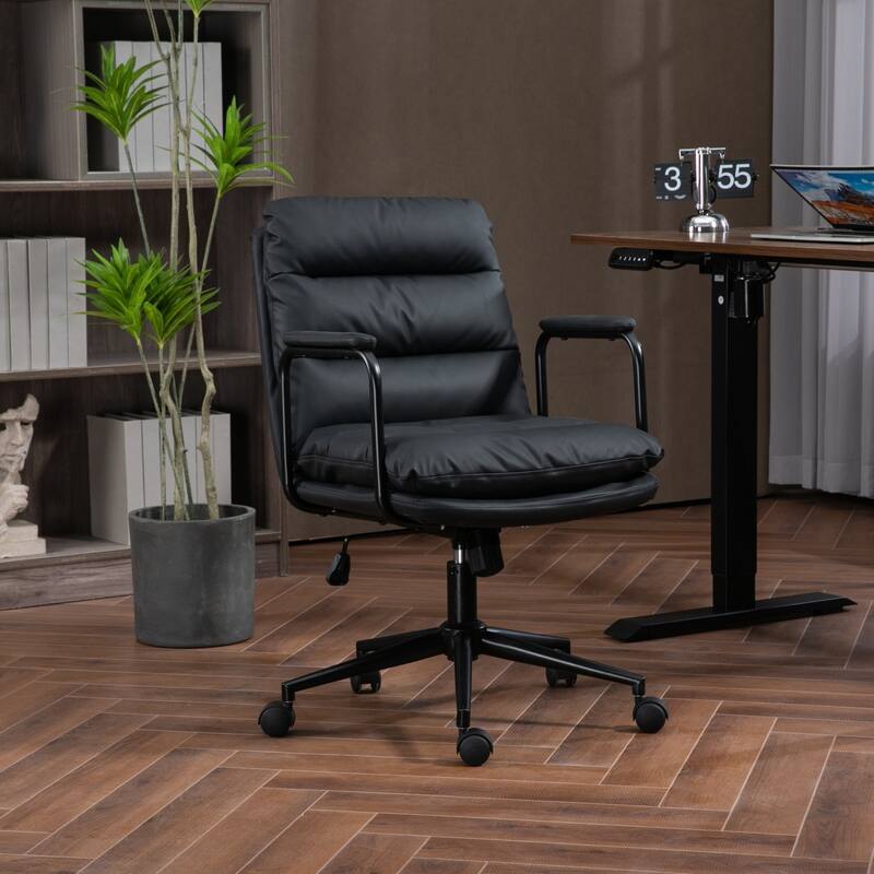 Mid-back Home Office Chair PU Leather Computer Chair with Padded Armrests Tilted and Wheels, for Office - Black
