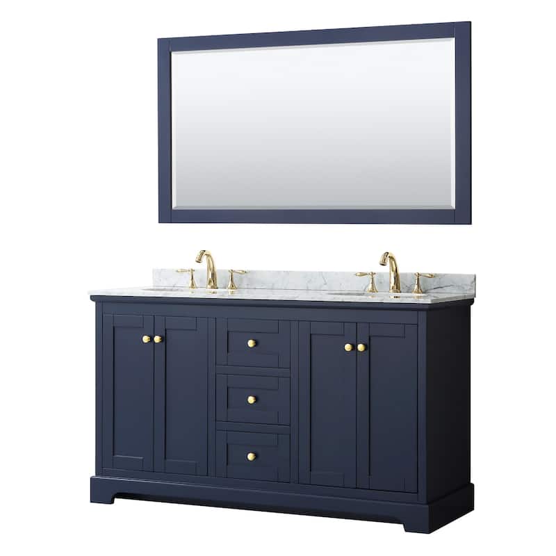 Wyndham Collection Avery 60" Free Standing Double Basin Vanity Set - Dark Blue / White Carrara Marble Top / Brushed - Painted