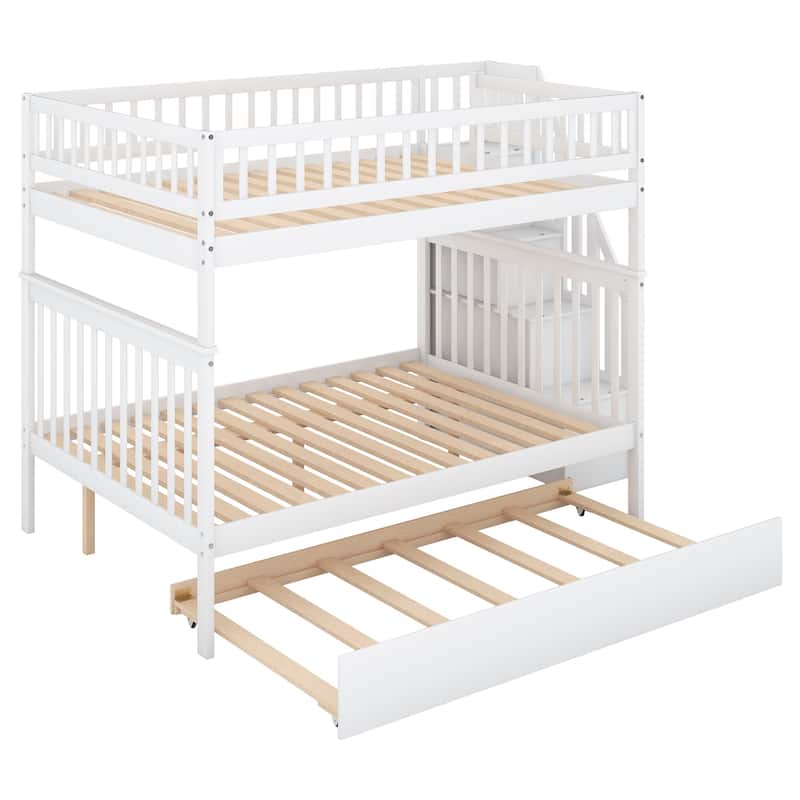 Convertible Full Over Full Bunk Bed with Trundle and Staircase, White
