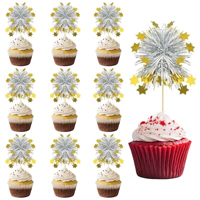 50 Pcs Firework Cupcake Toppers Sparkle Tinsel Star Picks