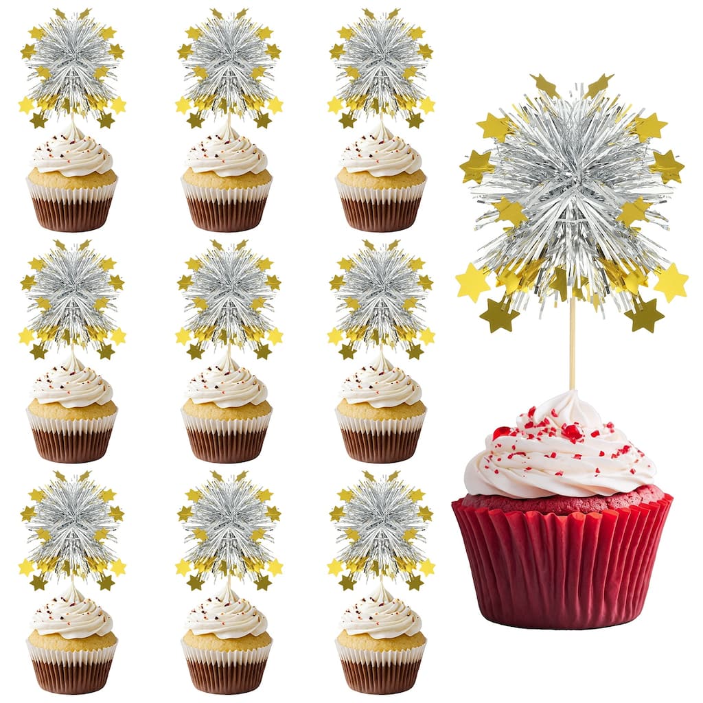 50 Pcs Firework Cupcake Toppers Sparkle Tinsel Star Picks