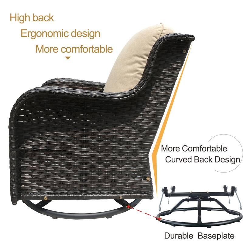 OVIOS 3-piece Rattan Wicker Rocking Swivel Chair Set