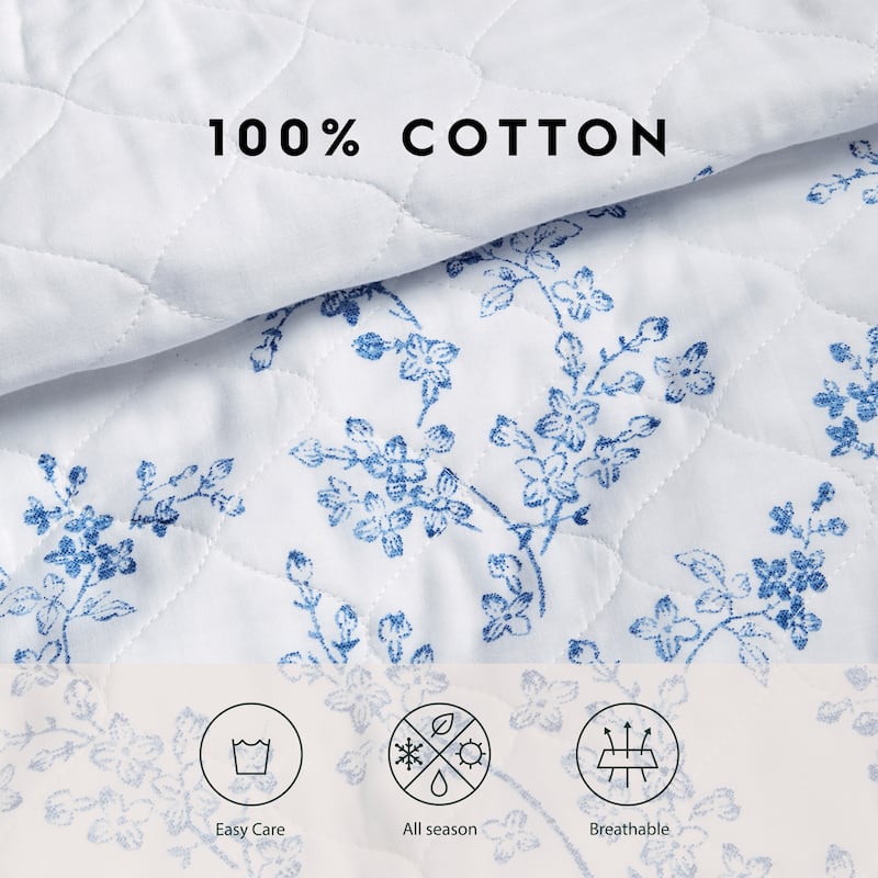 Laura Ashley Flora Cotton Reversible Blue Quilt Set