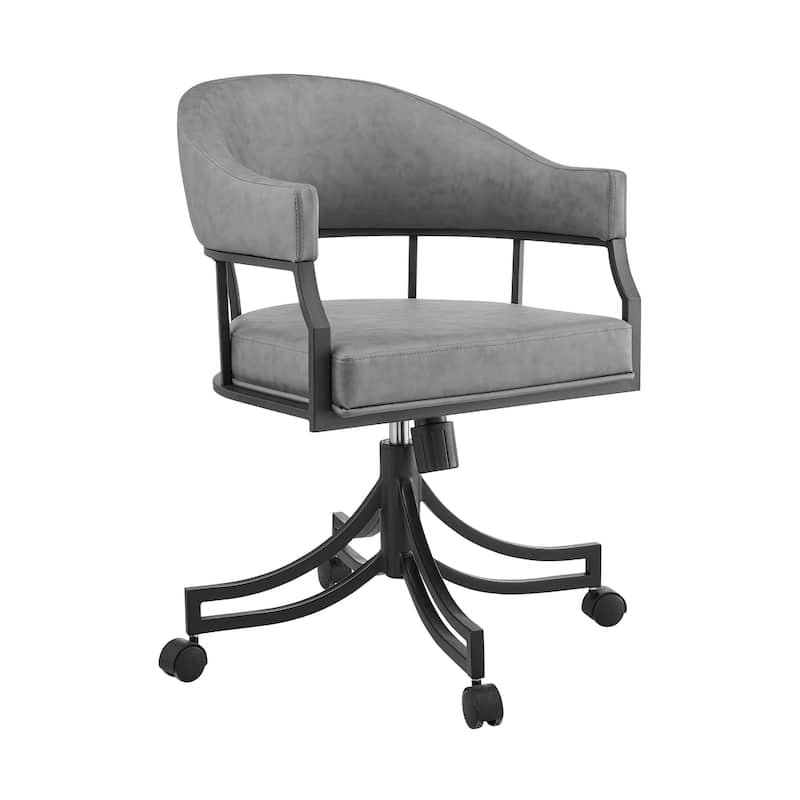 Tibby Swivel Dining Chair, Tilt Rolling, Black Iron, Gray Faux Leather