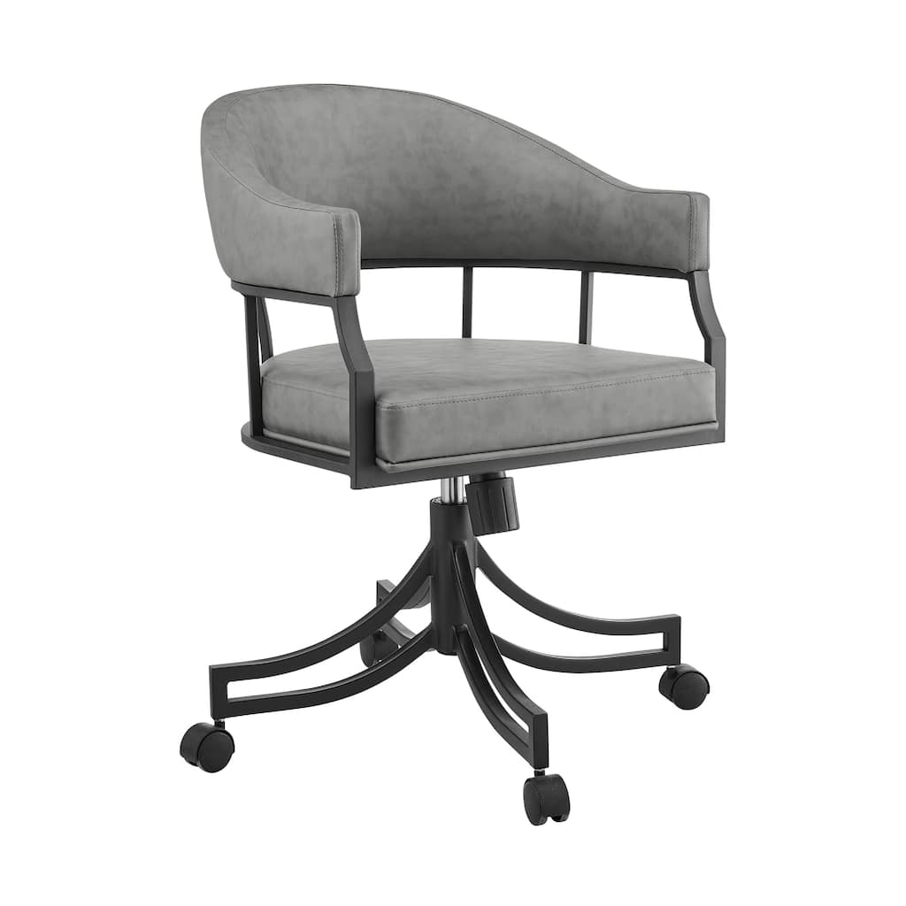 Tibby Swivel Dining Chair, Tilt Rolling, Black Iron, Gray Faux Leather