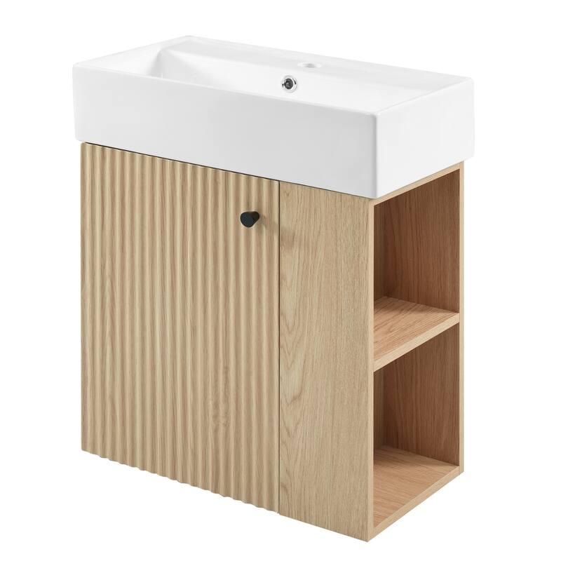 Floating Bathroom Vanity with Sink, Wall Mounted Bathroom Vanity, Narrow Bathroom Cabinet with Soft-Close Door & Open Shelf