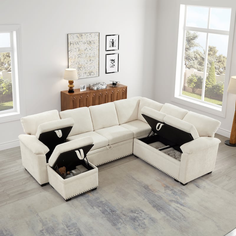 Corner Sectional Sofa with Pull Out Chaise Lounge and Pillow Top Arms, Chenille Sleeper Couch with Storage Seat and Ottoman
