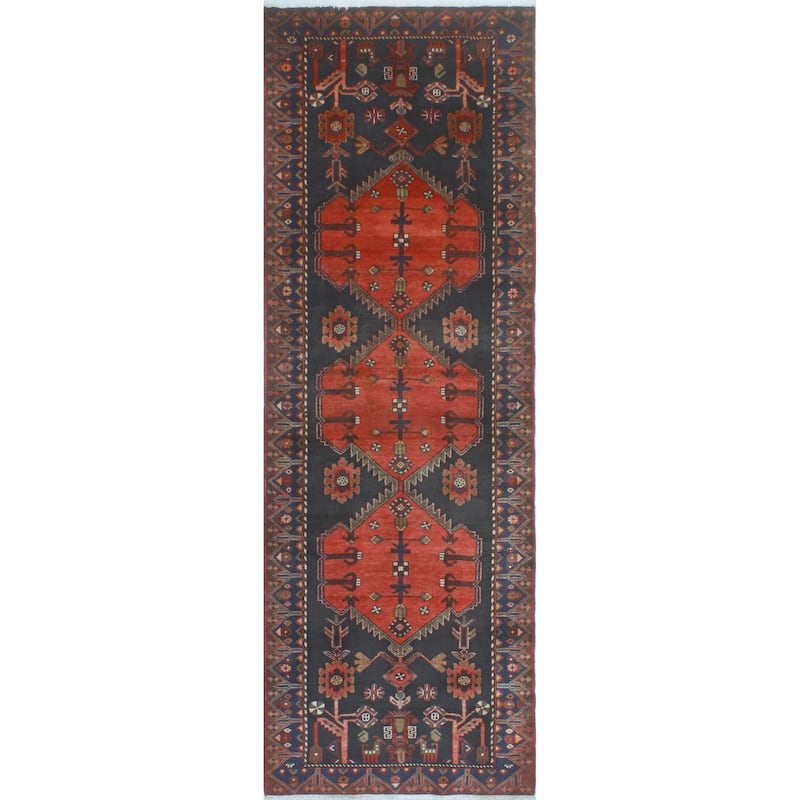 Noori Rug Fine Vintage Distressed Sanaz Red/Charcoal Runner - 3'4" x 9'8"