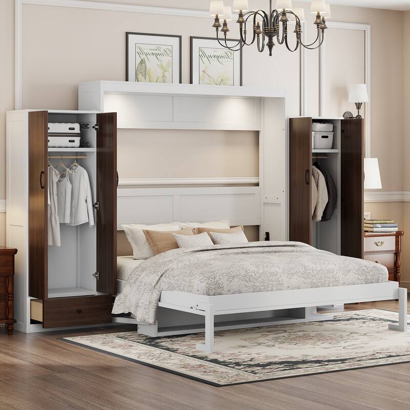 Queen Size Foldable Wall Bed with Built-In Desk, Closet, and Drawers in White - White