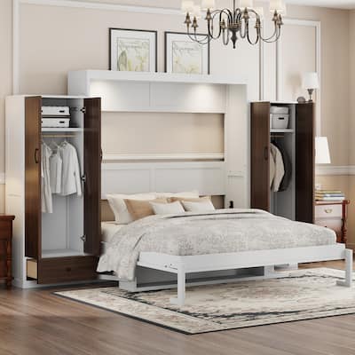 Queen Size Wall Bed with Built-in Closet, Drop-Down Table & Storage Drawers, Space-Saving Folding Design with LED Light
