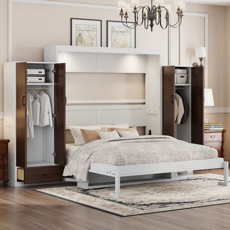 Roomfitters Full/Queen Size Murphy Bed with Closet, Table and Concealed Storage Compartments, Foldable Wall Frame - White - Queen