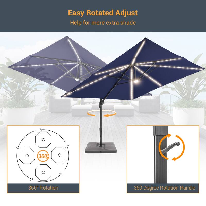 LIVOOSUN Patio10x10FT LED Aluminum Cantilever Umbrella Solution-Dyed Fabric w/Base