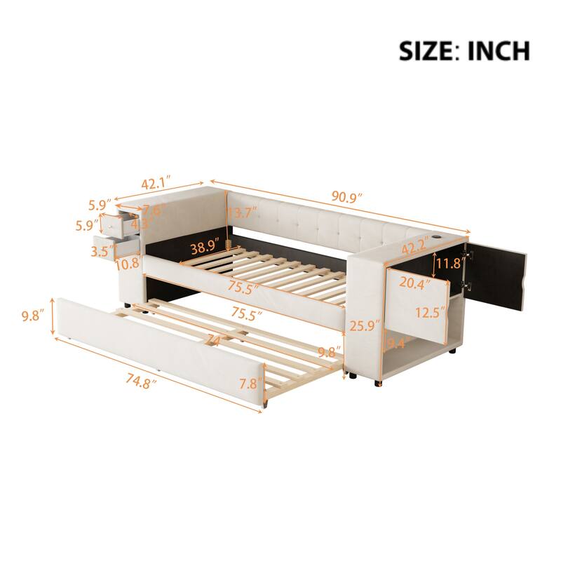 Twin Velvet Upholstered Platform Bed with Trundle, USB Charging, Storage Drawers, Beige/Gray