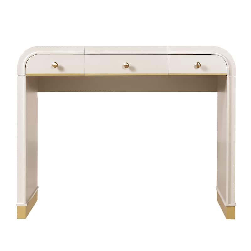 Roomfitters Flip Top Vanity Desk with Mirror and Hidden Storage, Modern Makeup Table with Gold Trim for Small Space