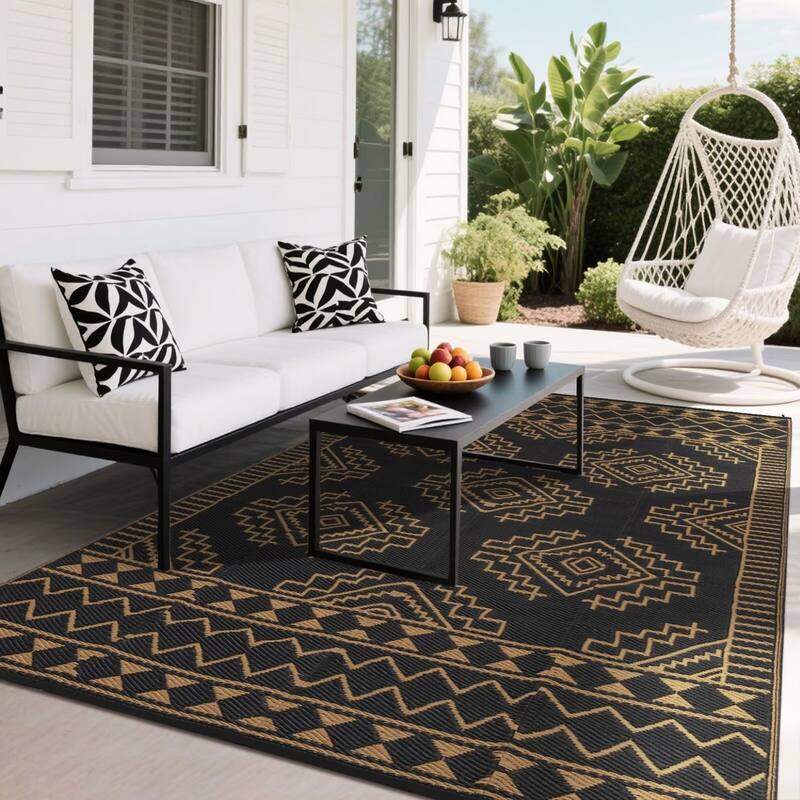 Outdoor Rug Waterproof Boho Geometric Patio Rug Mat Reversible Plastic Straw Rug Outside Outdoor Area Rug
