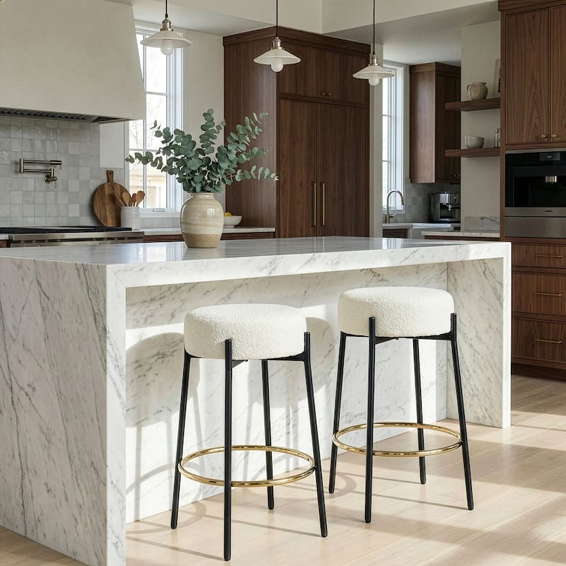 Set of 2 Avner Beige Boucle Backless Counter Stool with Black Metal Legs