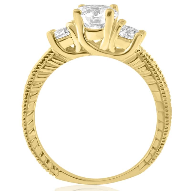 1.80Ct Three Stone Diamond Engagement Ring Vintage Accents Yellow Gold