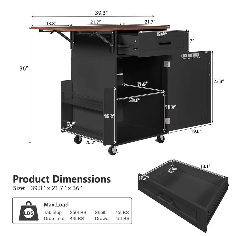 Anmytek 39.3" Farmhouse Rolling Kitchen Island with Drop Leaf, Storage, Lockable Wheels, Black