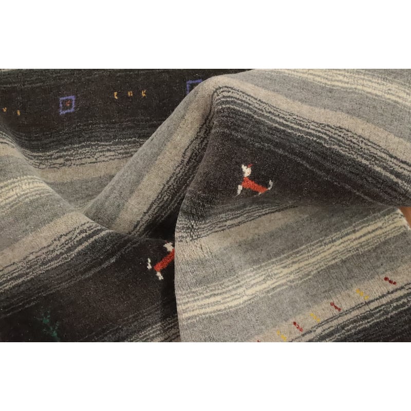 Hand Knotted Oriental 100% Wool Carpet Tribal Animal Pictorial Greys & Charcoal Gabbeh Area Rug - 4' 8'' X 3' 0''