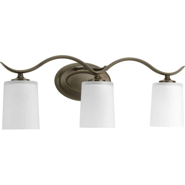 slide 2 of 4, Inspire Collection Three-Light Antique Bronze Etched Glass Traditional Bath Vanity Light - 8.1875" x 22.375" x 6.875" 8.1875" x 22.375" x 6.875"