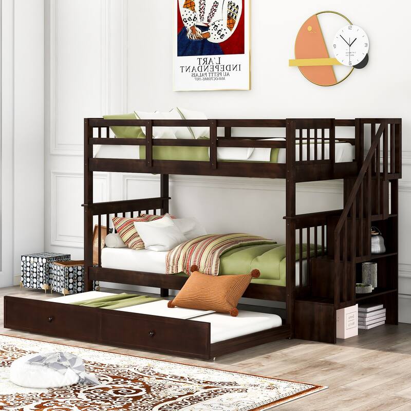 Stairway Twin Over Twin Bunk Bed with Twin Size Trundle & Stairs Storage, Detachable Solid Wood Triple Bedframe, for Kids Teens
