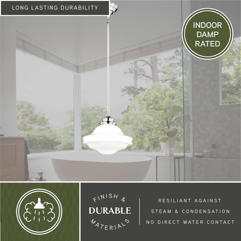 Huntley Satin Nickel Farmhouse Milk Glass Schoolhouse Pendant Light - 12-in W x 14.75-in H x 12-in D