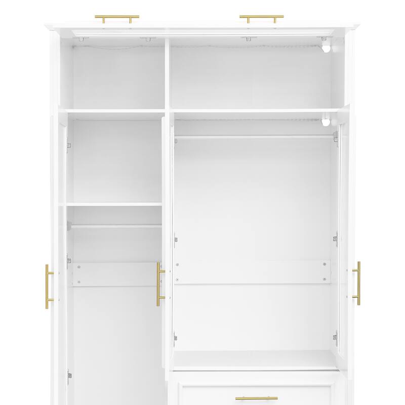 3 Door Wardrobe Built-in LED Light Clothes Storage Cabinet / 3 Drawers White Armoire Closet