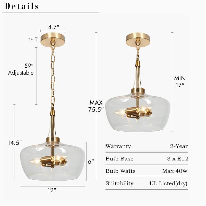 Zelena Modern Farmhouse Gold Chandelier Glass Drum Pendant Light for Dining Room