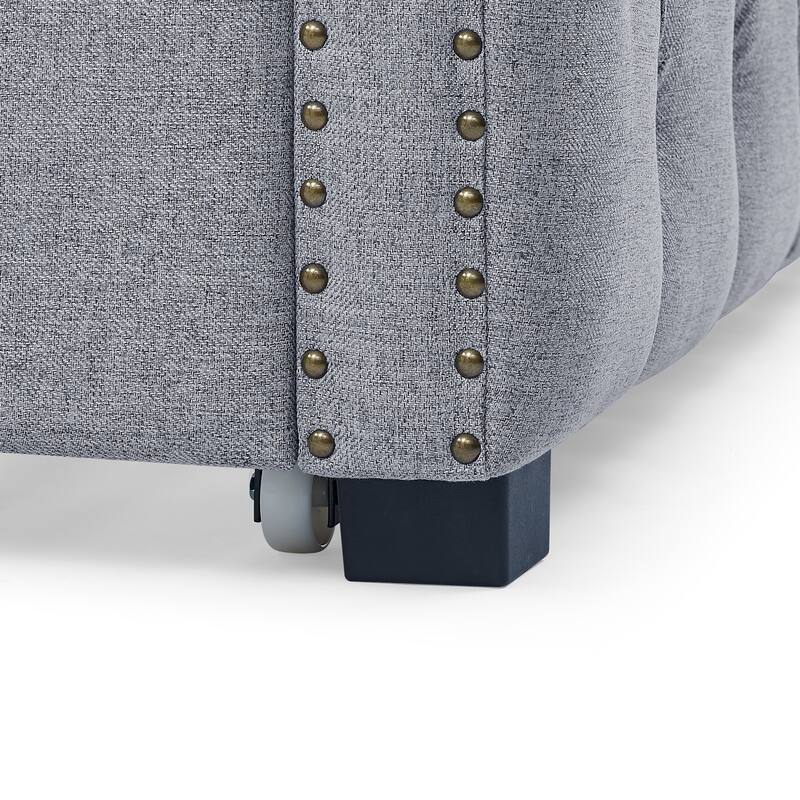 Tufted Daybed Upholstered Frame Sofa Bed with Button Copper Nail on Square Arms, and Pull-out Trundle Bed or Storage Drawers