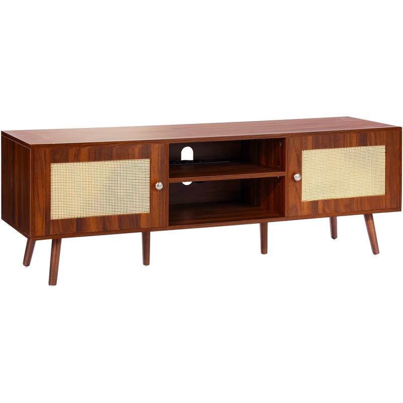 Rattan TV Stand, Mid Century Modern TV Stand, Boho Rattan TV Cabinet with Build-in Socket and USB Ports, Adjustable Shelfs - 55x15.7in - Walnut