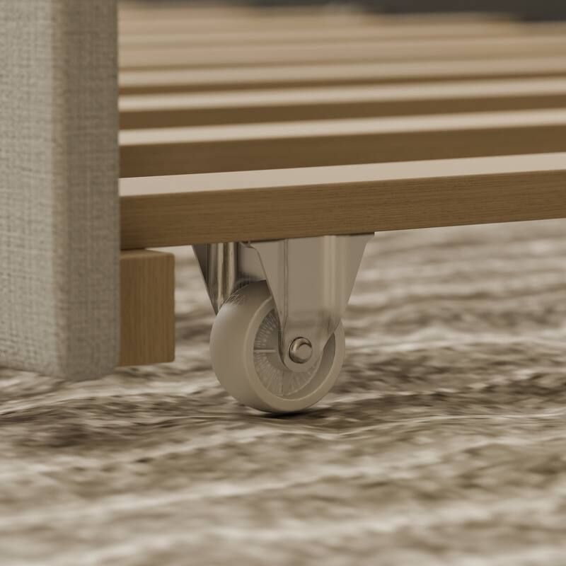 Modern Twin Size Upholstered Daybed with Trundle, Light Gray Fabric Sofa Bed with Plywood Slats and Nailhead Trim