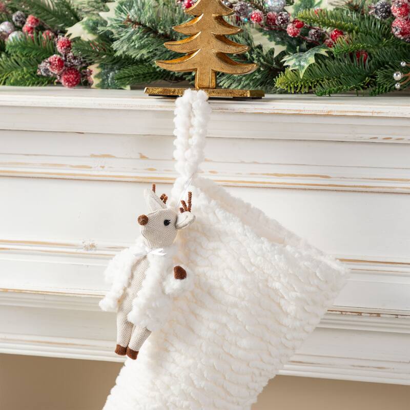 Glitzhome 21"L White Plush Christmas Stocking with Complimentary Reindeer Ornament