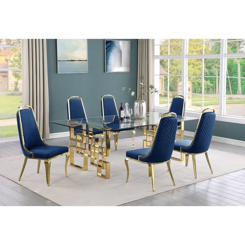 Best Quality Furniture Big Glass Table Dining Sets - 7pcs - Gold Chrome - Navy Blue