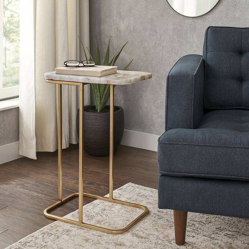 Modern Small Accent Table -Stone Top and Iron Base - 24", Gold & White - 24.0"