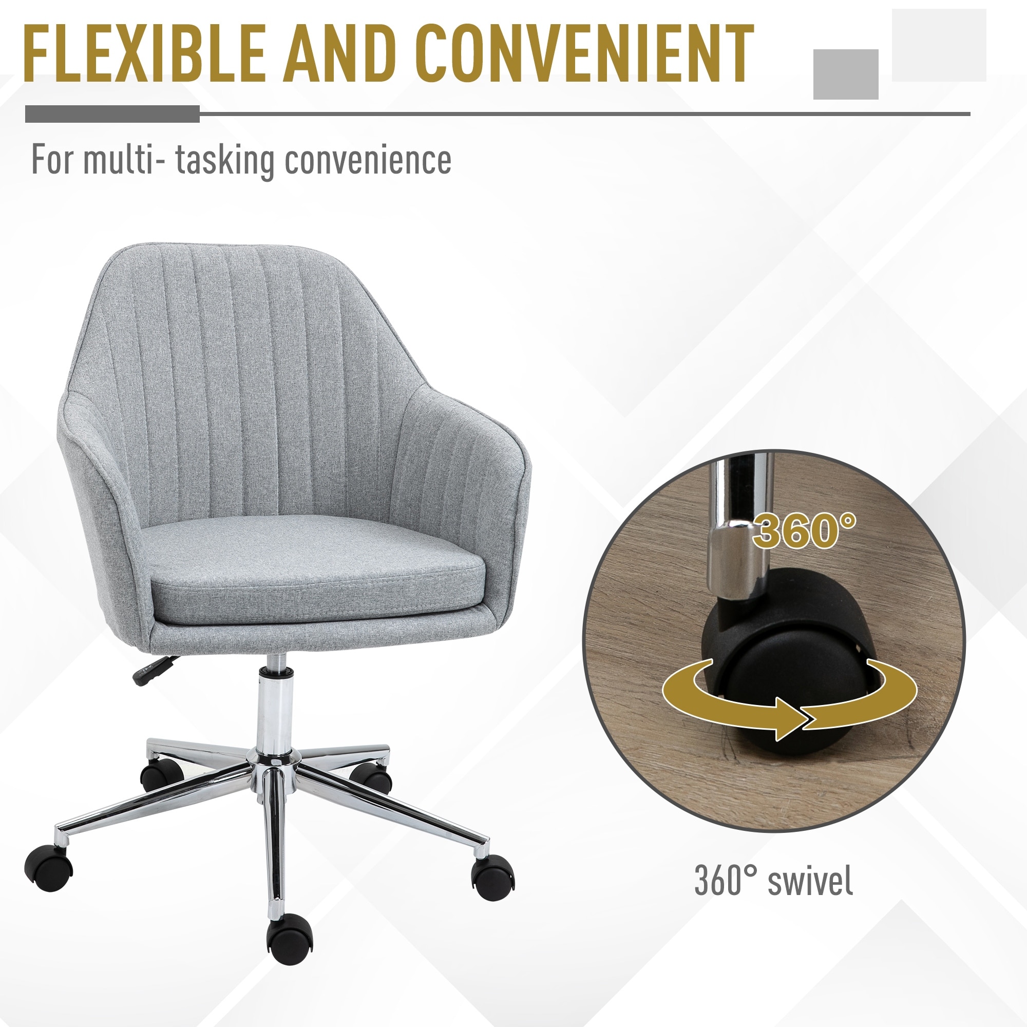 Vinsetto Mid Back Office Computer Chair Tub Shape Design Lined Pattern Back Swivel Wheels 23.25 24 37.75
