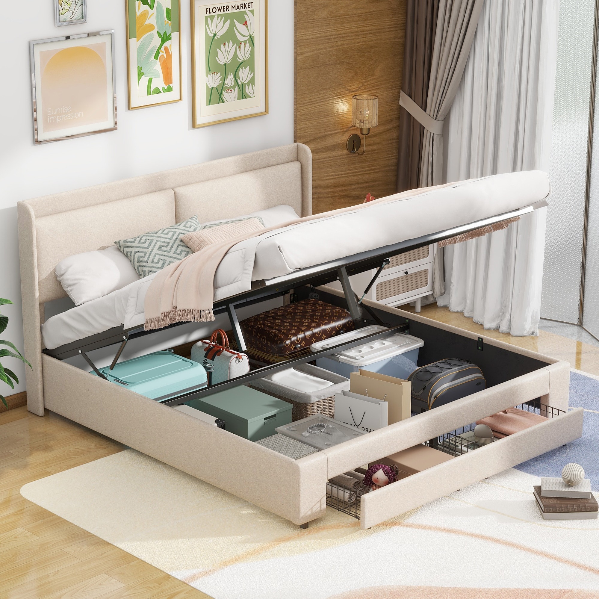 Queen bed with hidden shop storage