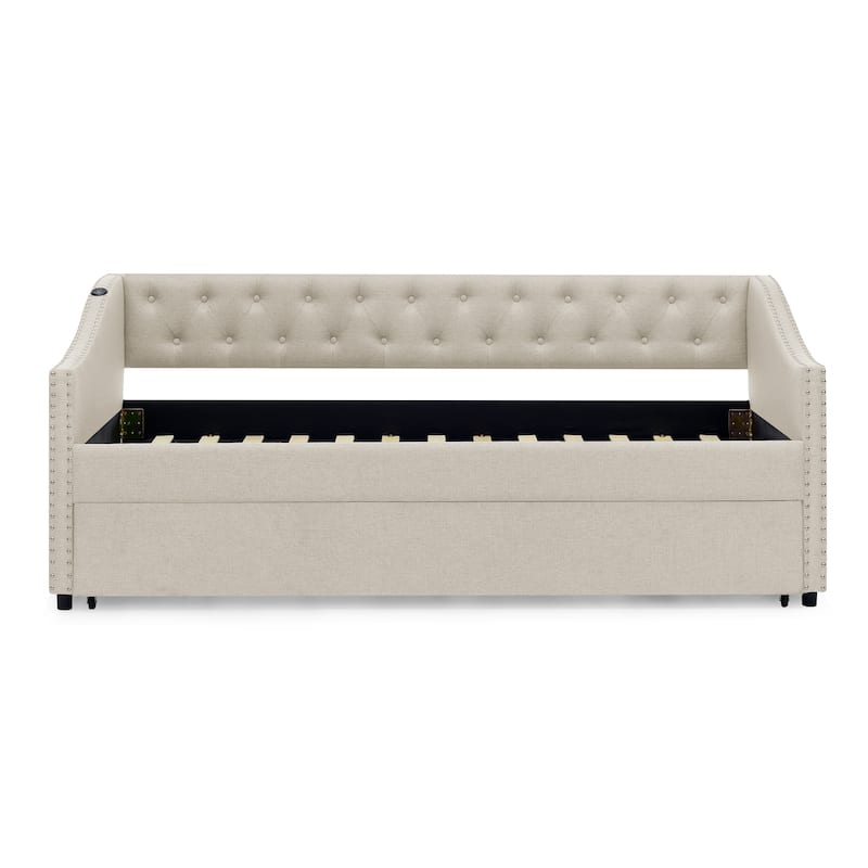 Twin Size Daybed with Pull Out Bed Trundle, Upholstered Button-Tufted Backrest Sofa Bed with Nailhead Trim & USB Charging Ports