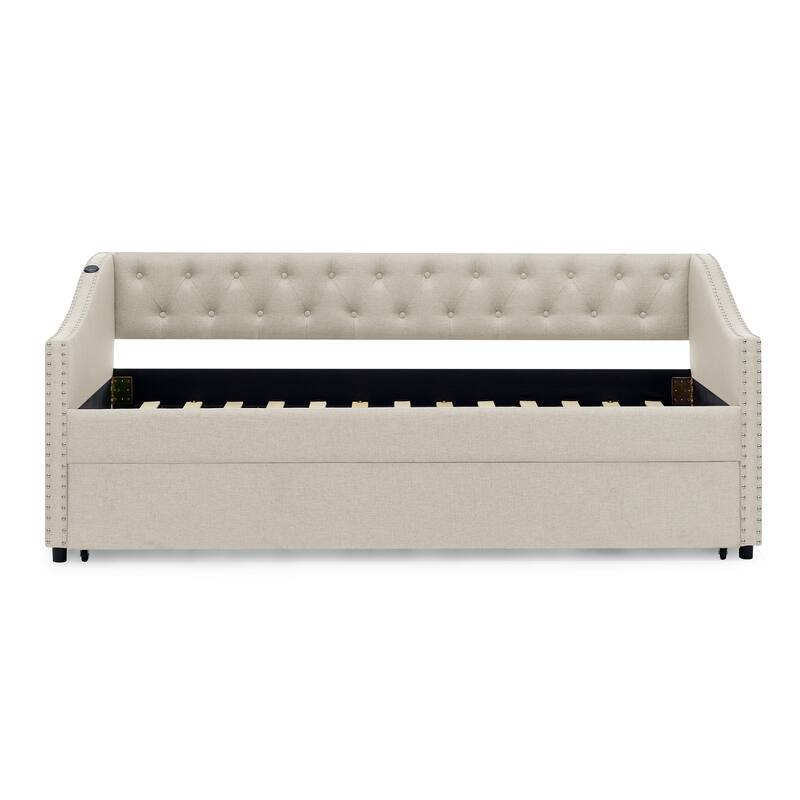 Twin Size Extendable Daybed with Pull-Out Bed, USB Charging Ports, Button Tufted Back & Nailhead Trim
