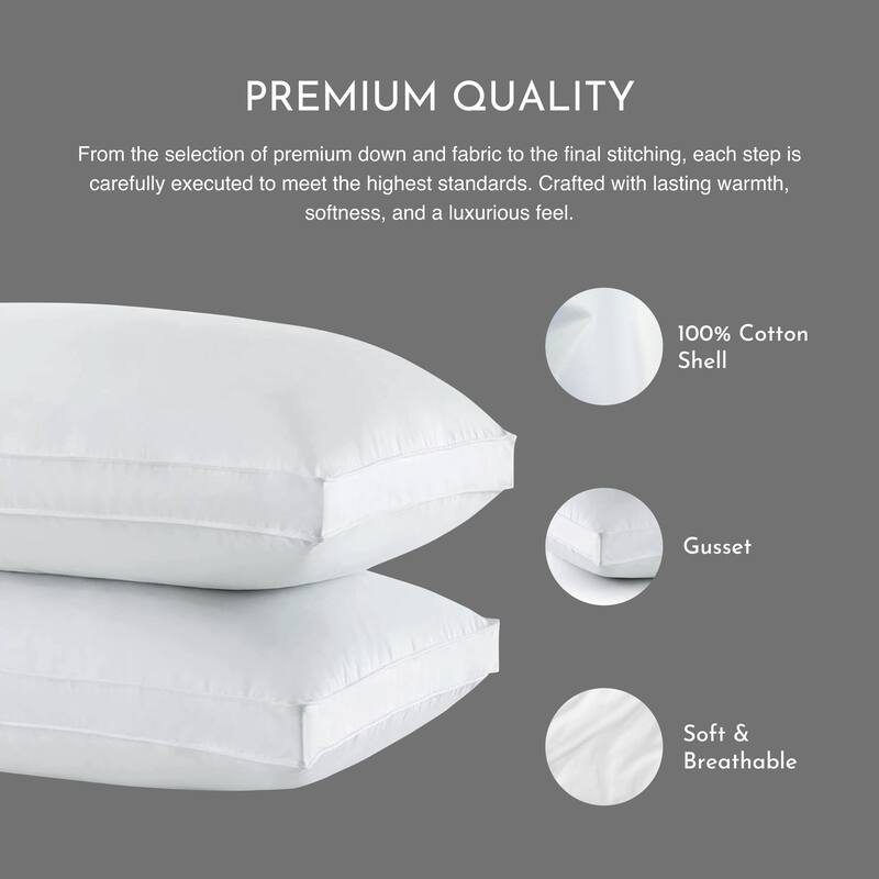 Highland Feather Down Touch Pillow - 550 Loft White Down with Feather Core for Extra Support, 260TC Cotton Shell