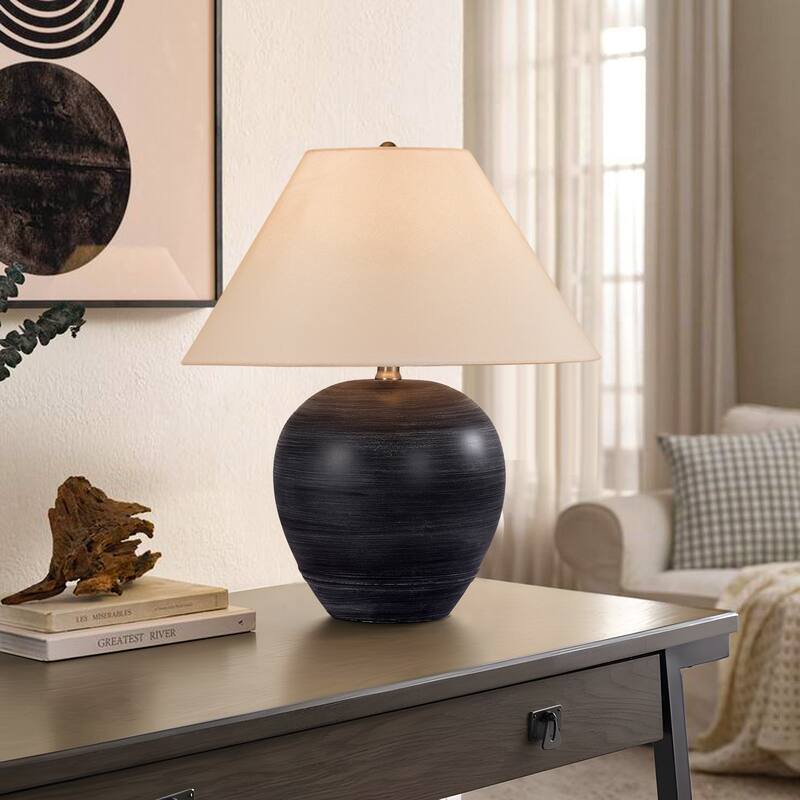 Ceramic Table Lamp with Linen Shade - Black white stripe - 15.7"W x15.7"Dx18.1"H