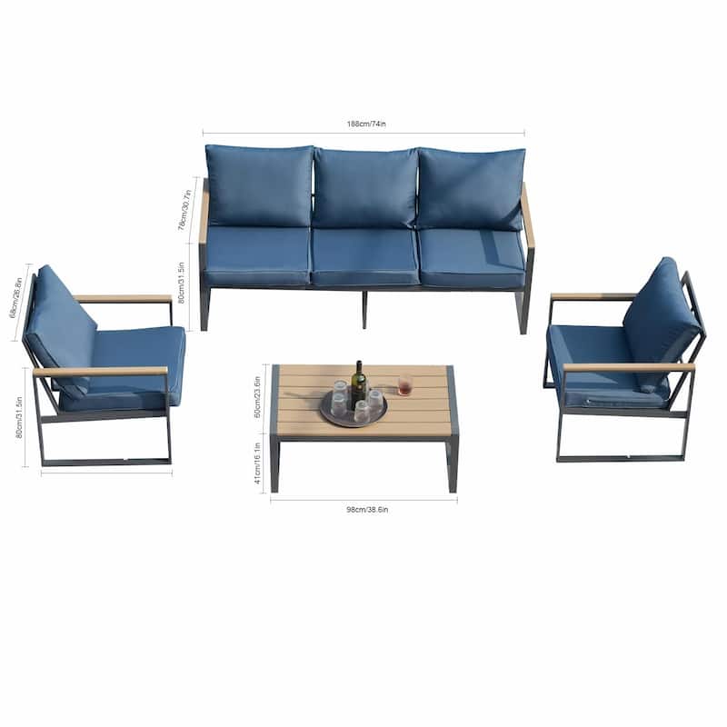 4-Piece Modern Outdoor Sofa Set - Iron Frame with Grey Cushions and Faux Wood Grain Coffee Table